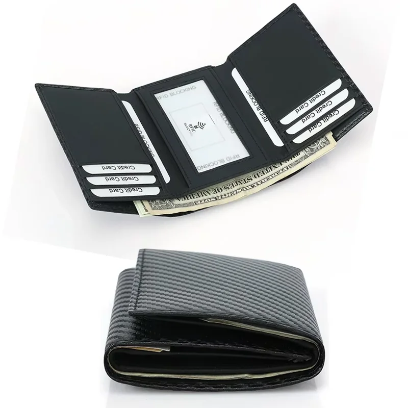 Carbon Fiber Men's Trifold Wallet RFID Blocking Slim Multi-Card Holder ID Window Short Cowhide Purse for Men Male Gift