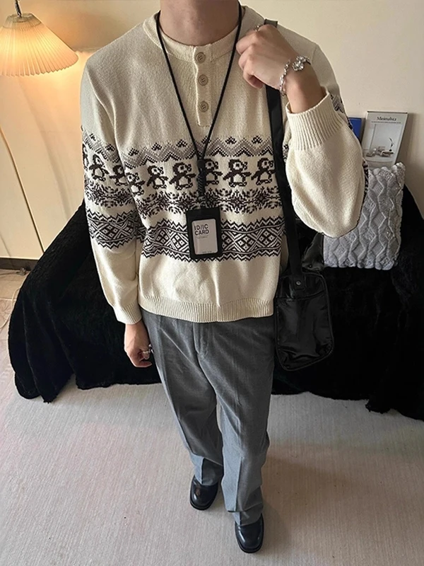 

Cisas Penguin Fair Isle Henry Collar Sweater Men's Autumn Winter Lazy Sle High-End Knittedwear Warm Ci Walk Daily