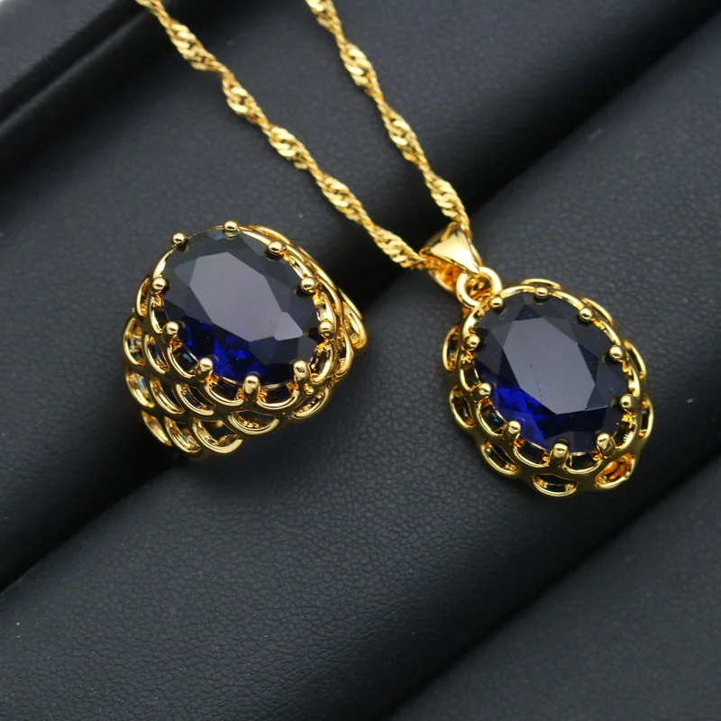 For Women Blue Crystal Gold Jewelry sets  wedding earring pendant necklace ring Best Gift