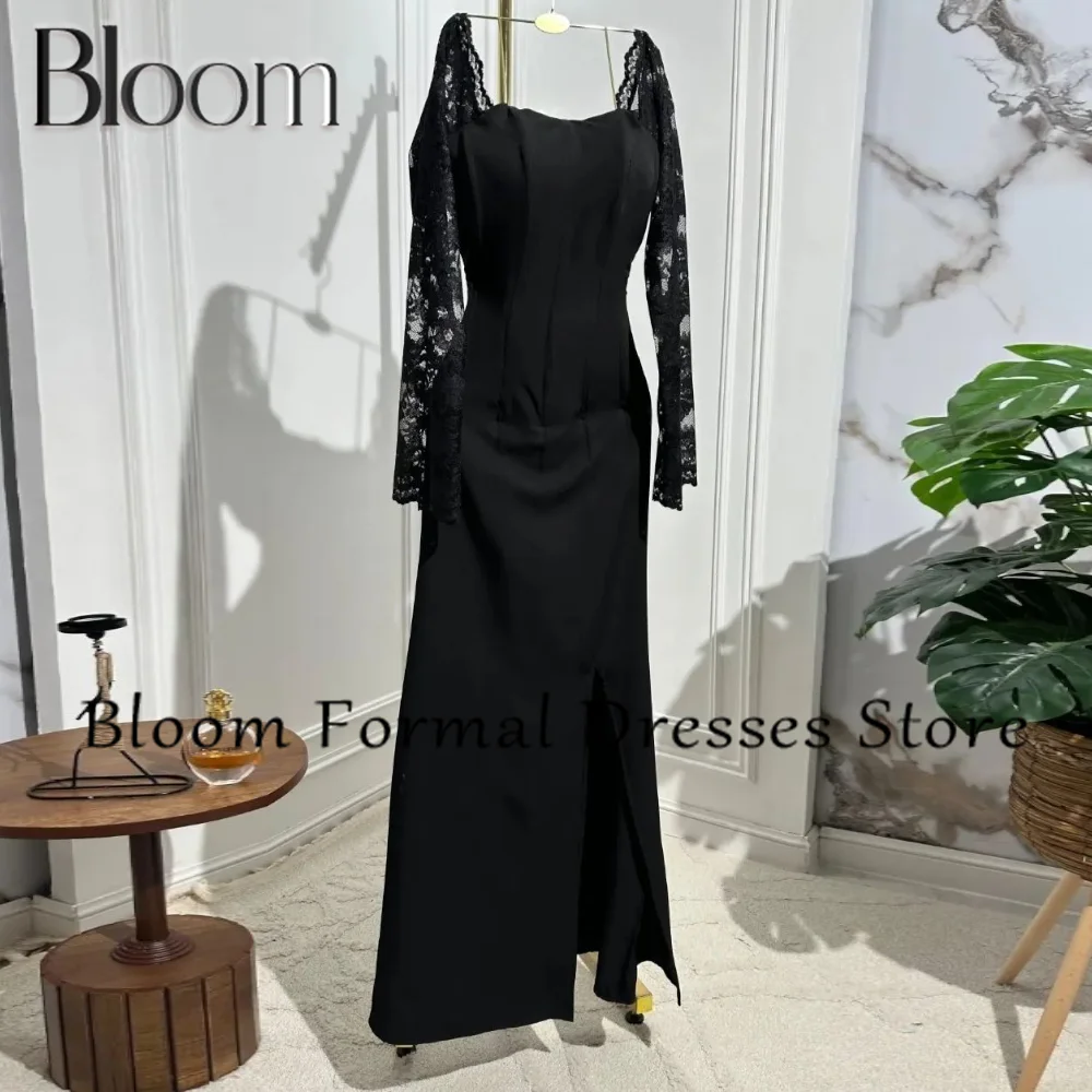 Bloom Square Neck Long Sleeves Solid Black Zipper Back Floor Length sheath Classic Celebrity Evening Dress High Quality straps