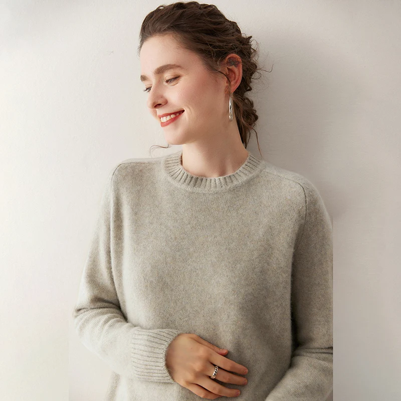 

Ленивый женский свитер, пуловер, осень-зима, офисная одежда с круглым вырезом, свитер из 100% кашемира, женский базовый пуловер с рукавами реглан, вязаный