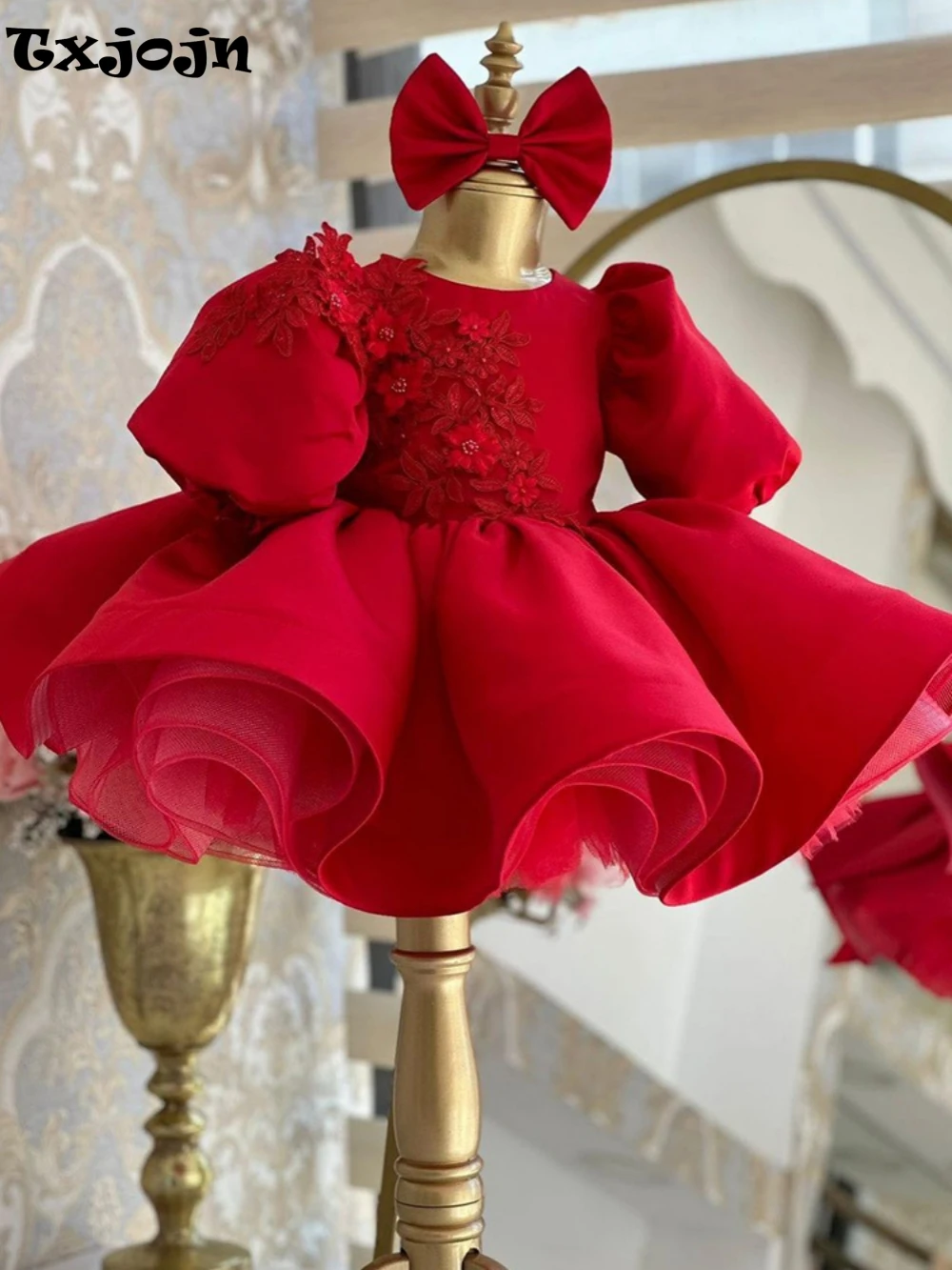 

Luxury Red Tulle Puffy Kids Dresses For Party Lace Appliques Wedding Flower Girl Dress Customized Princess Ball Gown Prom Wear