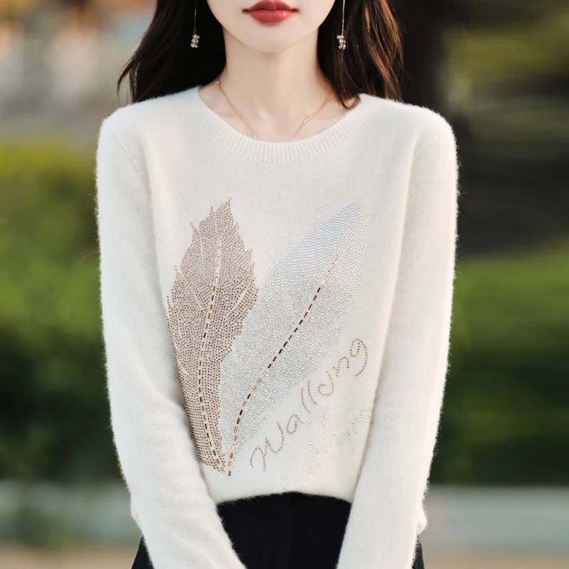 O-pescoço camisola feminina outono malha topo de manga longa moda penas diamantes jumper alta estiramento básico inverno feminino pulôver quente