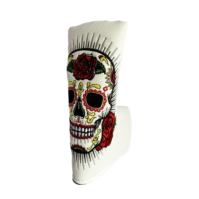 High-quality Leather Golf Putter CoveL-shapedr Embroidered Rose Skull Four-way Putter Cover Magnet Golf Head Cap