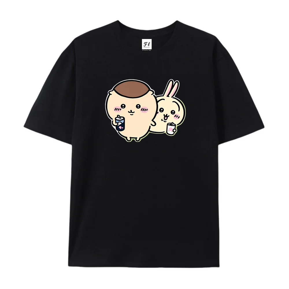 Cartoon Rabbit And Bear Drinking Print T Shirt Summer Casual Short Sleeve Top Unisex Streetwear Fashion Tee Clothing ﻿