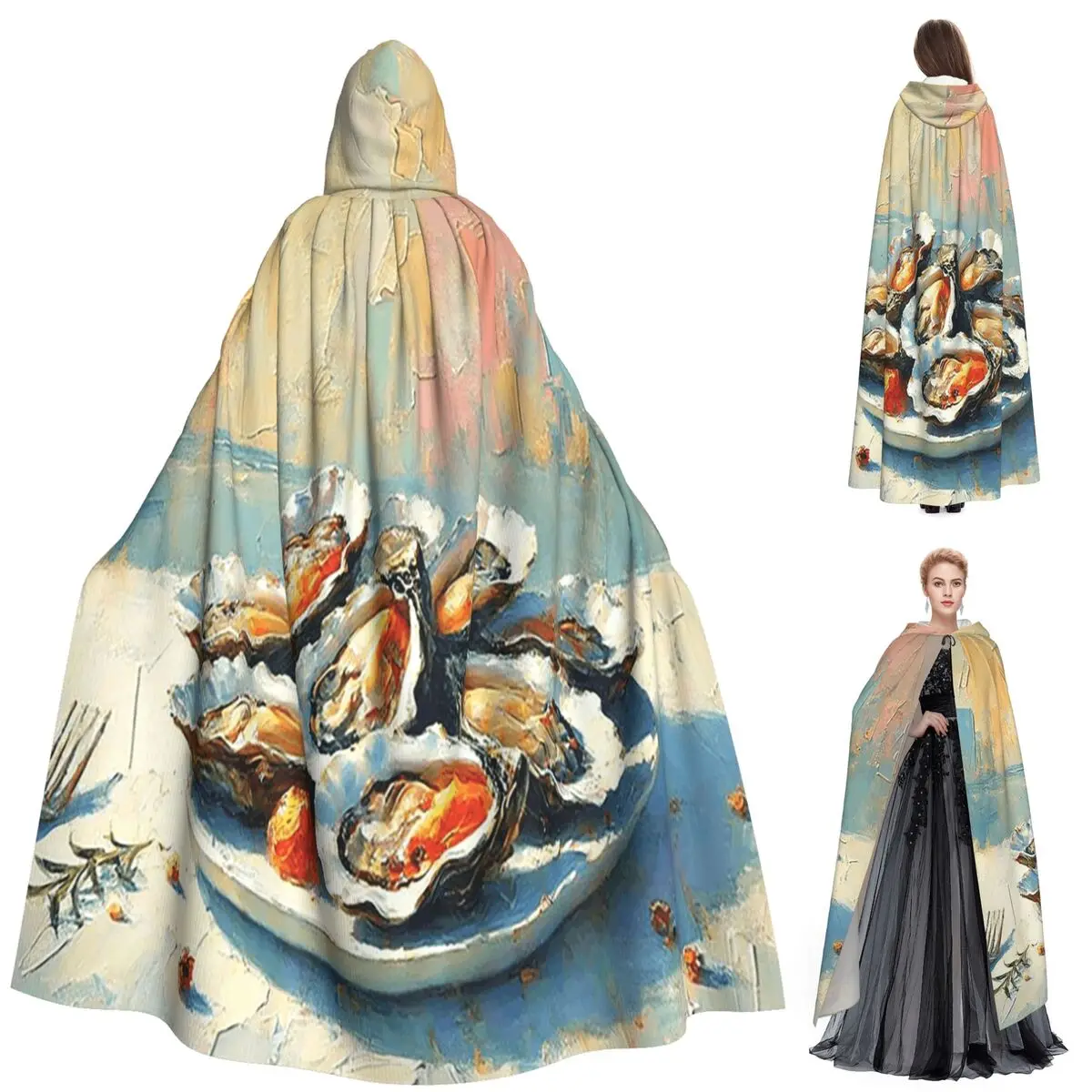 

Устрицы Foody Art Prints Длинный плащ с капюшоном Ведьма Средневековый костюм Косплей Накидка Хэллоуин Вампир Взрослый унисекс