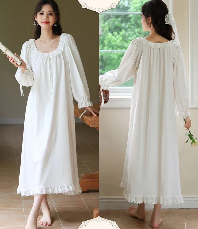 Female Ladies Ruffles Long Sleeve Cotton Princess Nightgown for Women Spring Sweet Loose Sleepwear Victorian Nightwear