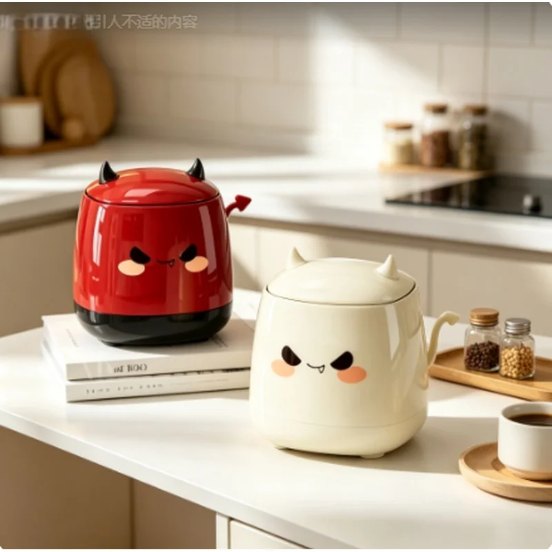 Cute Little Devil Mini Desktop Trash Can Press Lid Waste Basket Office Bedroom Living Room 1 Pack