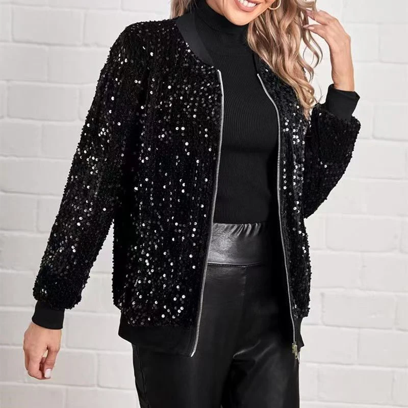 Damen Schwarze Pailletten-Bomberjacke Funkelnde Strass-Kurzjacke Glitzer-Blazer für Party Ausgehen Schicke Clubwear-Jacke Oberteile – Detail 4