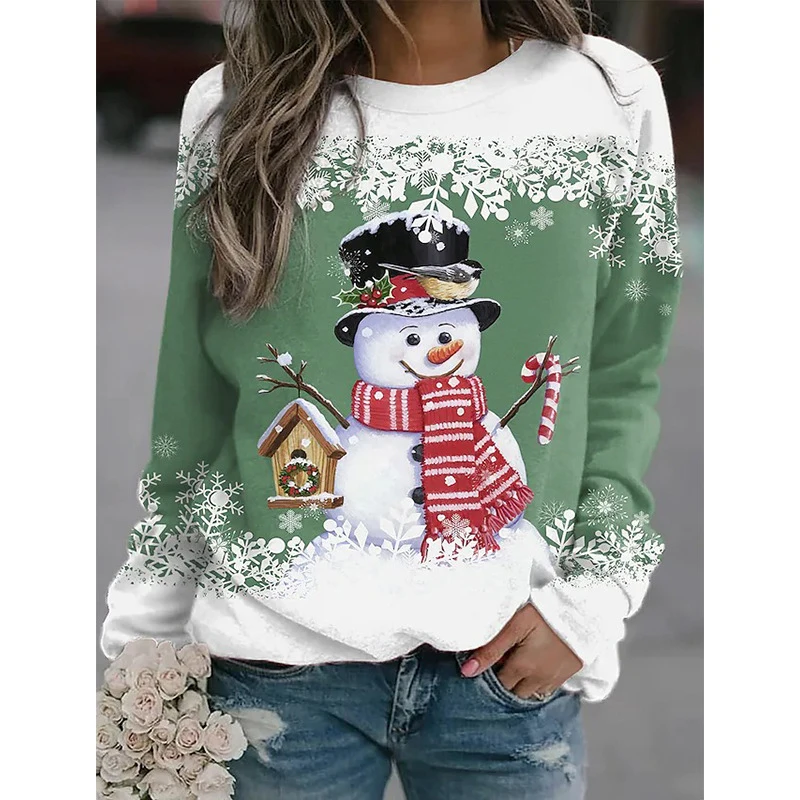 Winter Snowman Snowflake Print Long Sleeve Y2k Hoodie Women Christmas Sweatshirts Street Wear Pullovers Comfortable Top Clothing