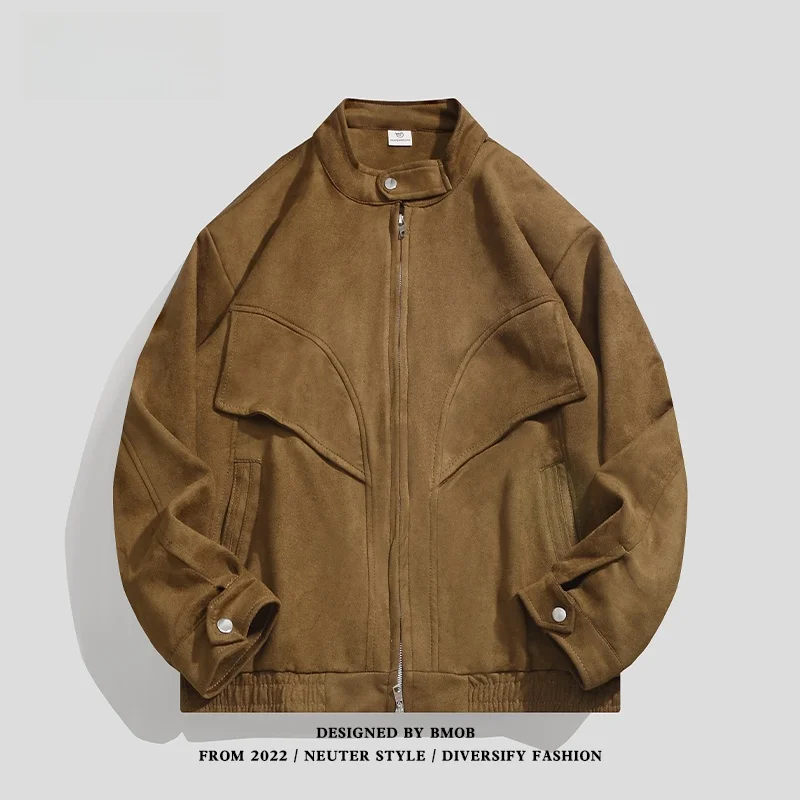 

BMOB American Retro Suede Collar Harrington Jaet ex Loose Casual Sli Faion Outerwear for Teens in Spring Autumn A...