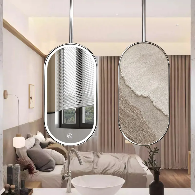 Stainless Steel Hanging Mirror Hotel - Simple Bathroom With An Elliptical Suspended Ceiling And Illuminated Mirror