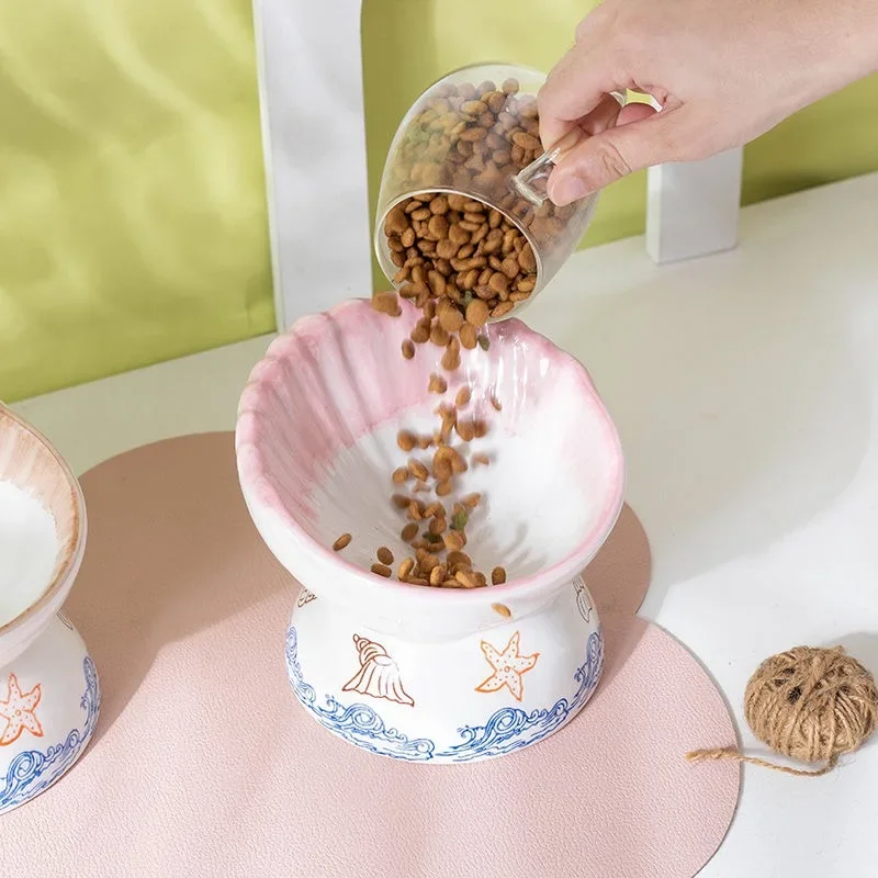 

Creative Cartoon Ocean Pattern Ceramic Pet Tableware Eating Food Neck Protection Anti Overturning High Foot Cat and Dog Bowl 1Pc
