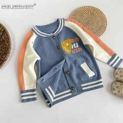 2023 Autumn New In Kids Baby Boys Full Sleeve Color Blocking Letter Knitted Top Single-breasted Coat Children Cardigan 6M-4Y