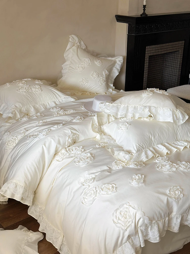 4Pcs French Princess Style 100% Cotton Solid Color Three-dimensional Rose Lace Bedding Duvet Cover 200x230 220x240 Four Seasons