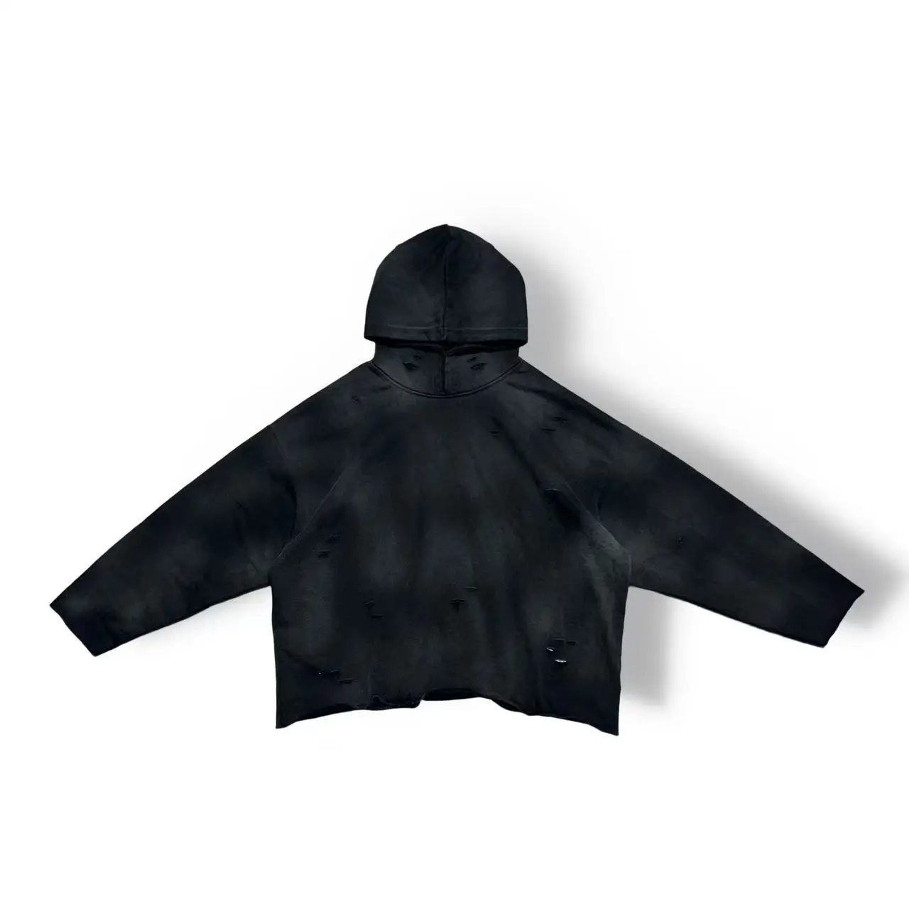Retro American Men's Hoodie Irregular Hole Washed Cotton Long Sleeve Sweatshirt with Fur  Warm Casual Style for Autumn