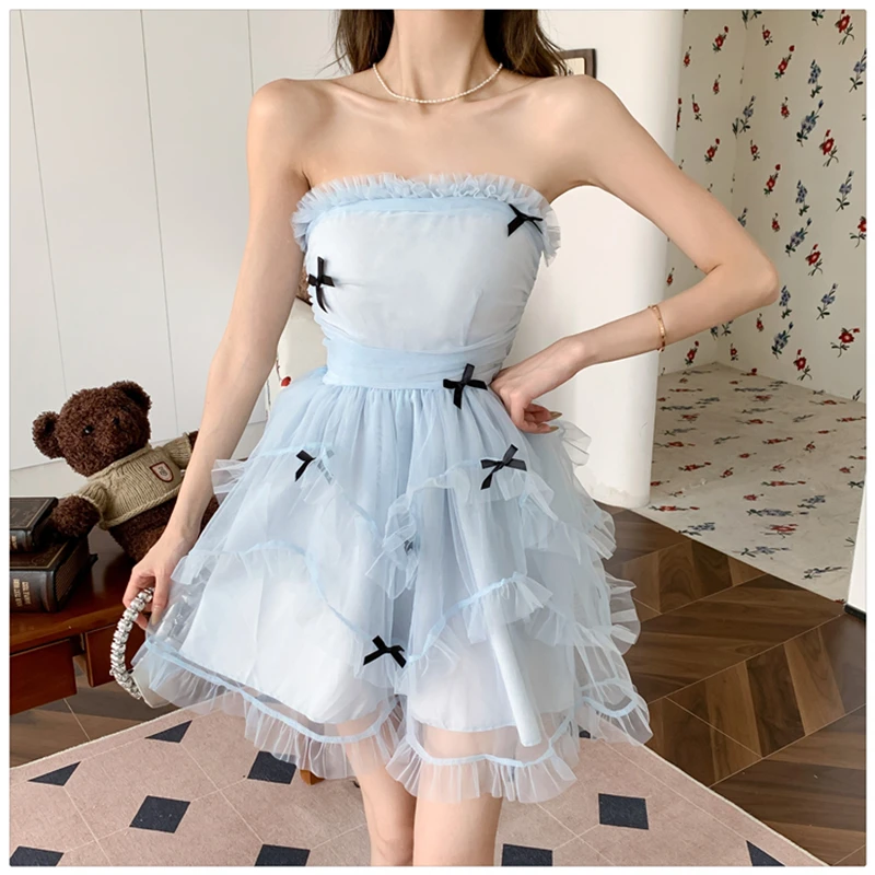 Cute Sweet Sleeveless Cake Dress for Women Summer 2024 Strapless Slim Mesh Bow Elegant Chic Party Birthday Dresses Korean