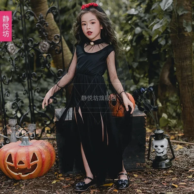 Ghost Bride Costume Bride Zombie Dress Halloween Costume for Kids Girls Black White Witch Costume Dark Devil Ghost Bride Dress