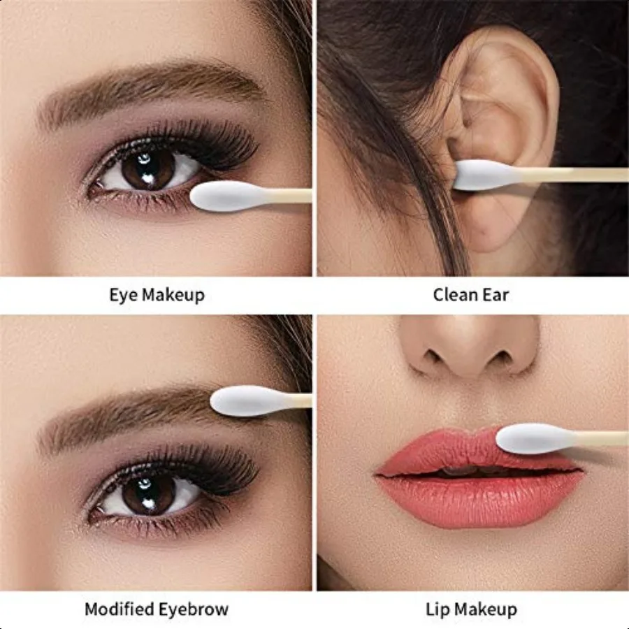 500개입 면봉 천연 이중 라운드 강력한 나무 면봉 귀 청소용 동물 학대 없는 귀 면봉 보관함 포함