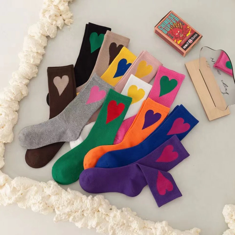 1 Pair Korean Style Women Socks Harajuku Cotton Love Heart Pattern Cute Girls Solid Sock Simple Female Breathable Mid Tube Socks