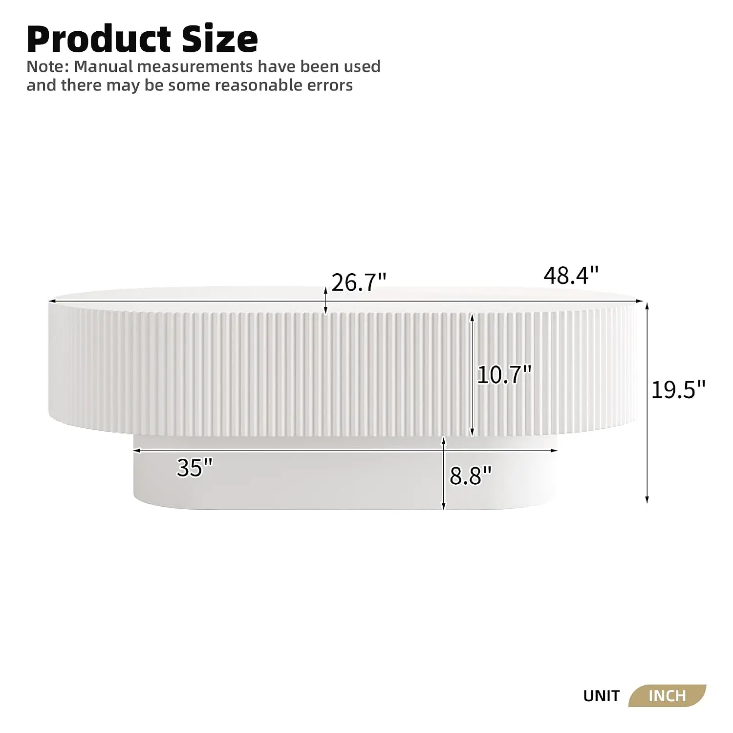 Oval Fluted Coffee Table With Thick Top & Base, White, Customized