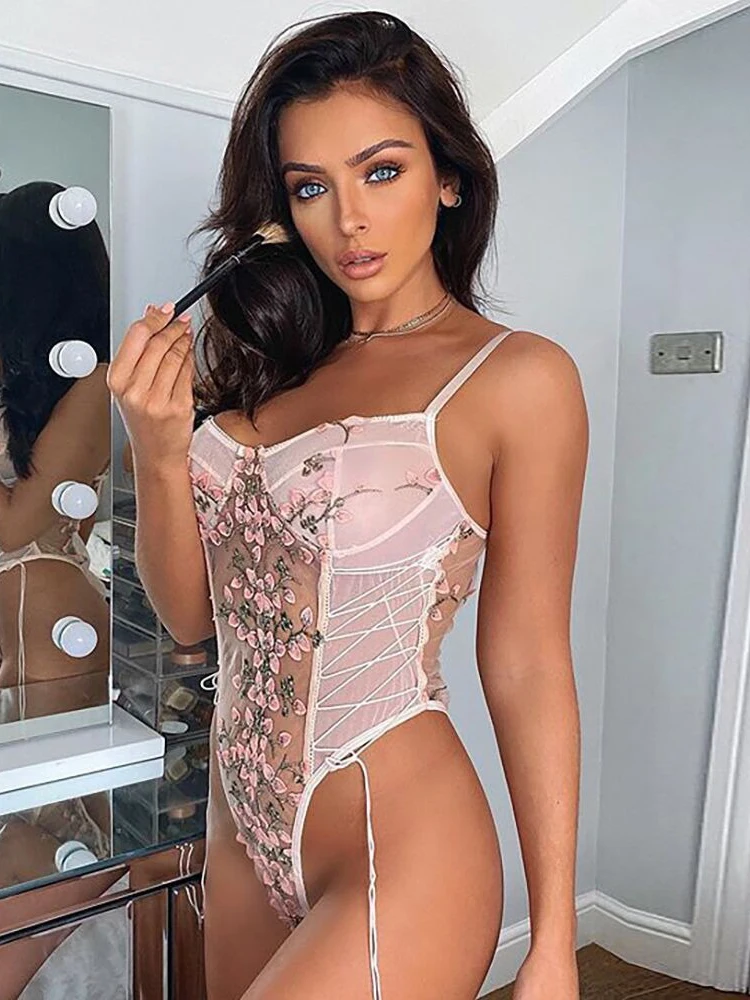 

One-piece Backless Floral Embroidery Lace Bodysuit Women 13 Colors String Jumpsuit Lace Up Fancy Sexy Bodysuit Body Female