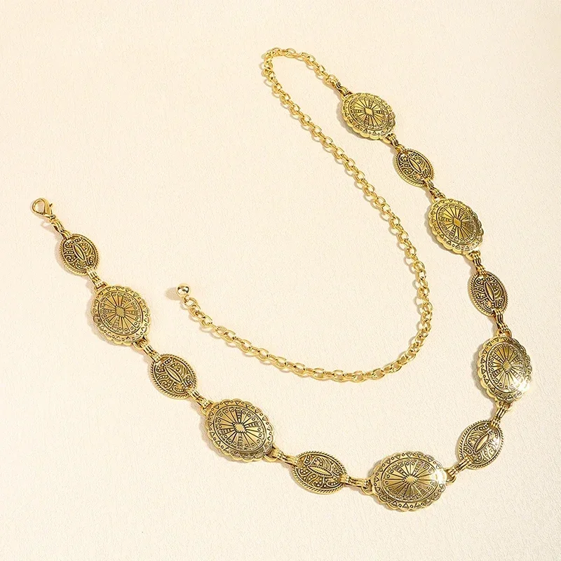 إكسسوارات سلسلة الخصر المعدنية للسيدات على الطراز القديم، حزام سلسلة منحوت على شكل دائرة زخرفية، إكسسوارات عالية الطراز #3