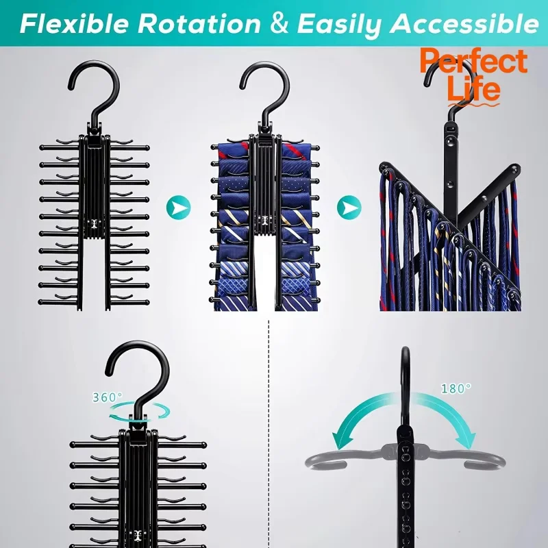 Space Saving Tie and Belt Bracket with Rotating Bracket and Non Slip Clip Adjustable Tie Storage Rack Rotating Household Tie