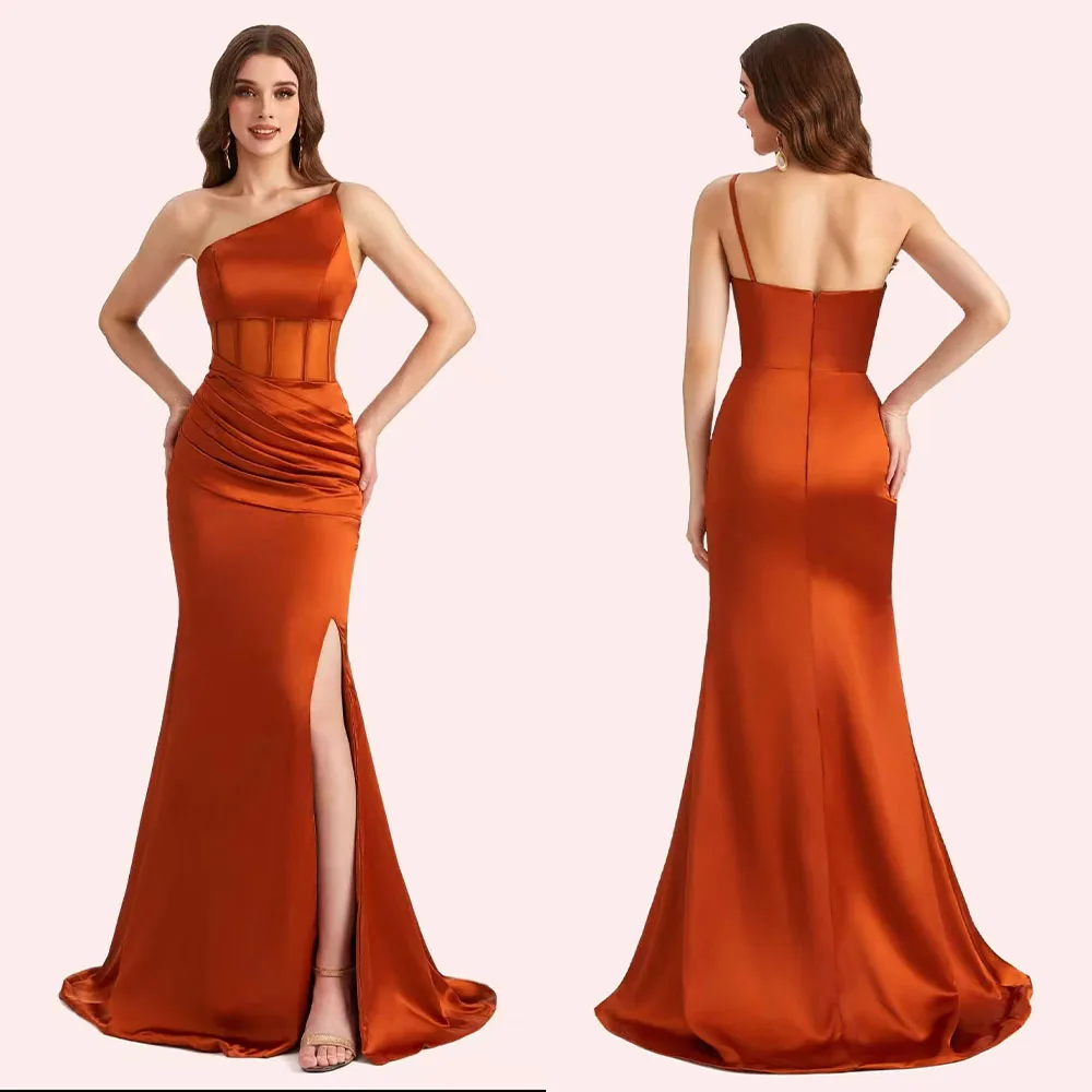 

High Quality Customized One Shoulder Floor Length High Fork Backless Sleeveless Robe Vestidos Elegantes Para Mujer Para Una Boda