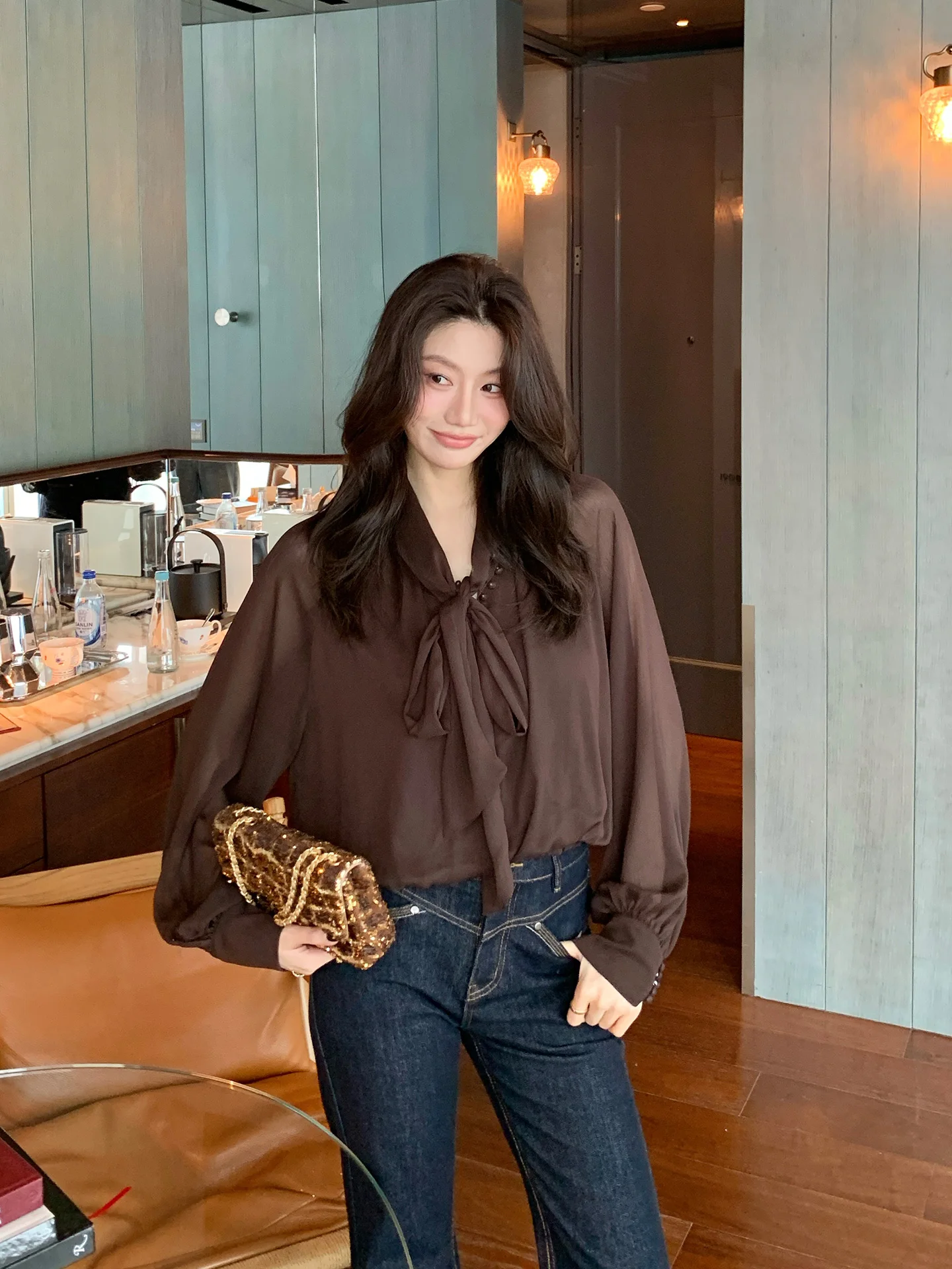 

Dragon Xier Soft Drapey Coffee Belted Women's irt Loose Slimming Commute Top Casual Sle Long Sve A2EDSYY905