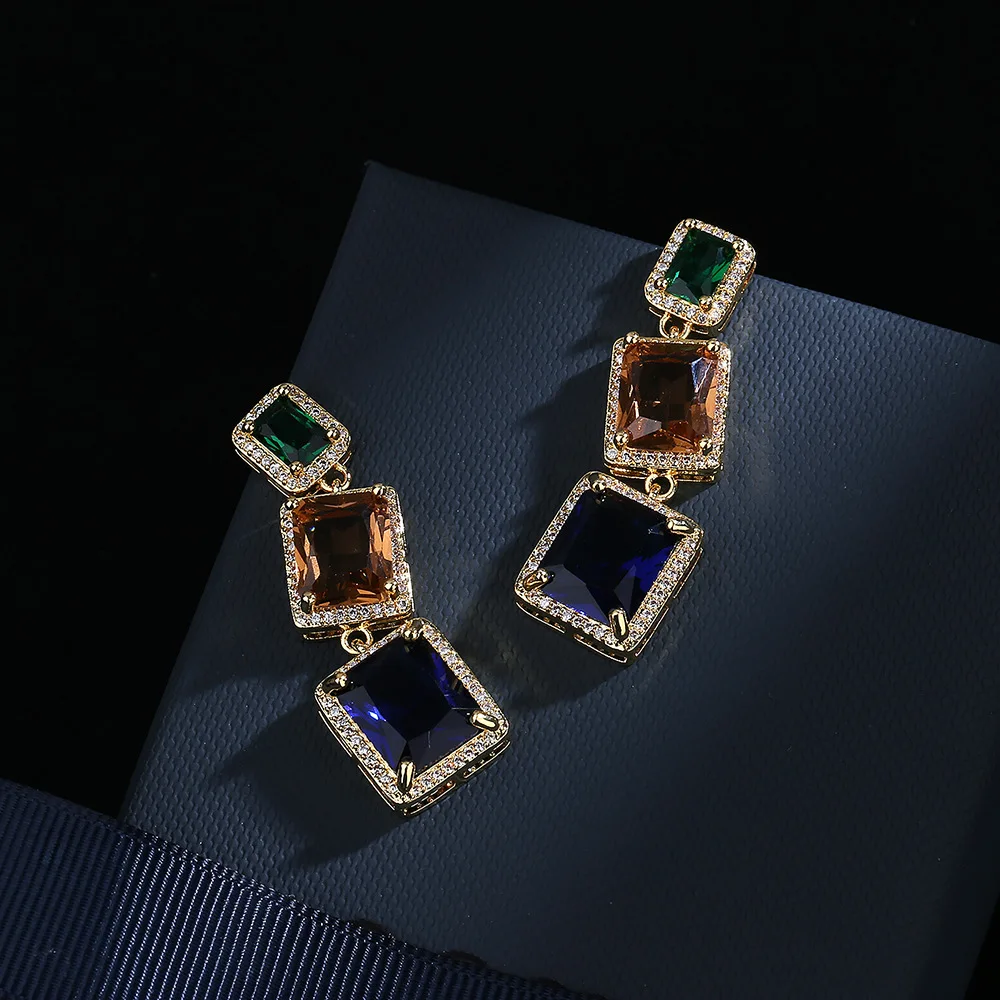 925 Silver Colorful Rhinestone Geometric Earrings Square Fashion Wild Stud Earrings Not Easy To Allergic Earrings Jewelry