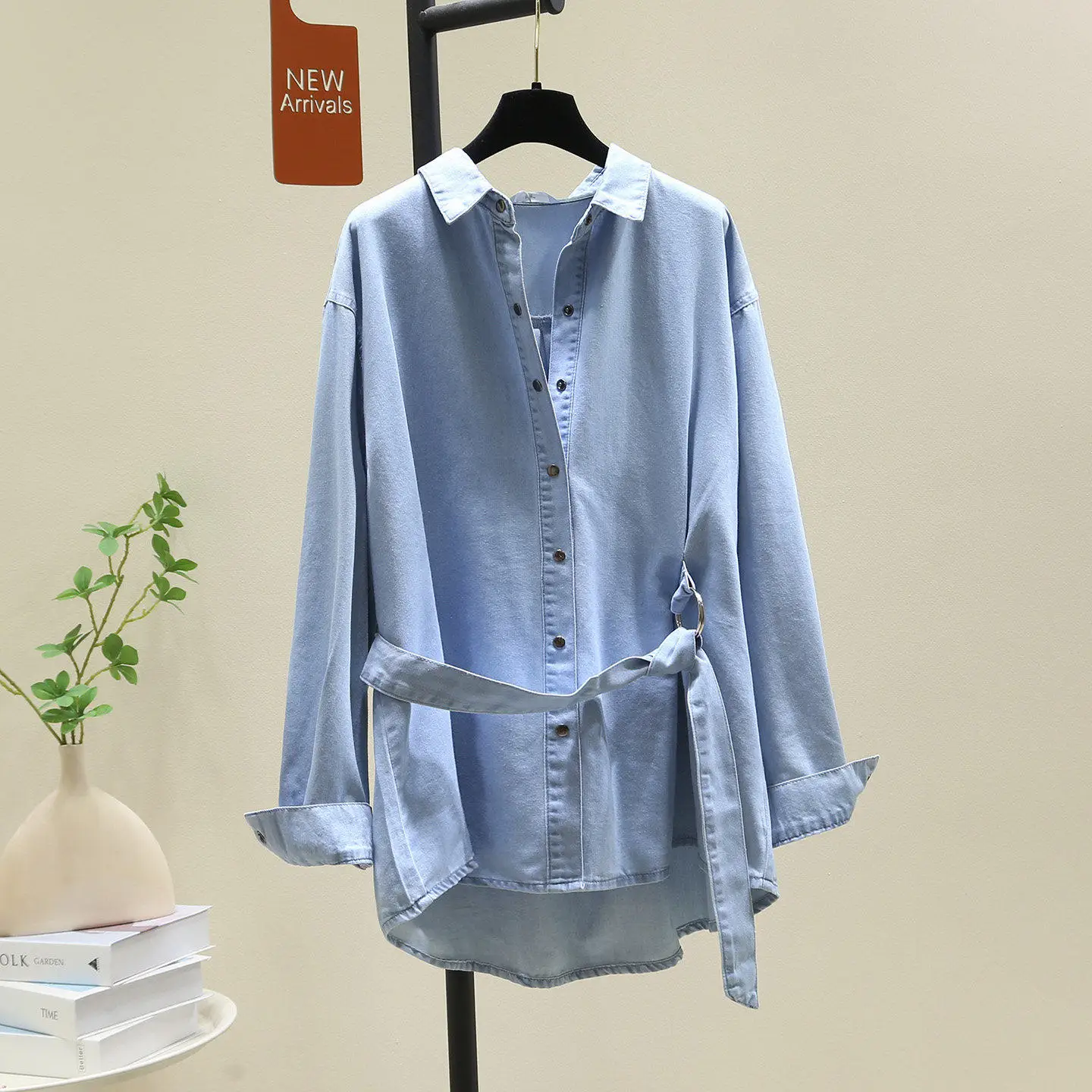 

SuperAen Retro Simple Denim Shirts for Women New 2026 Spring Long-sleeved Loose Asymmetrical Straps Waistband Casual Top