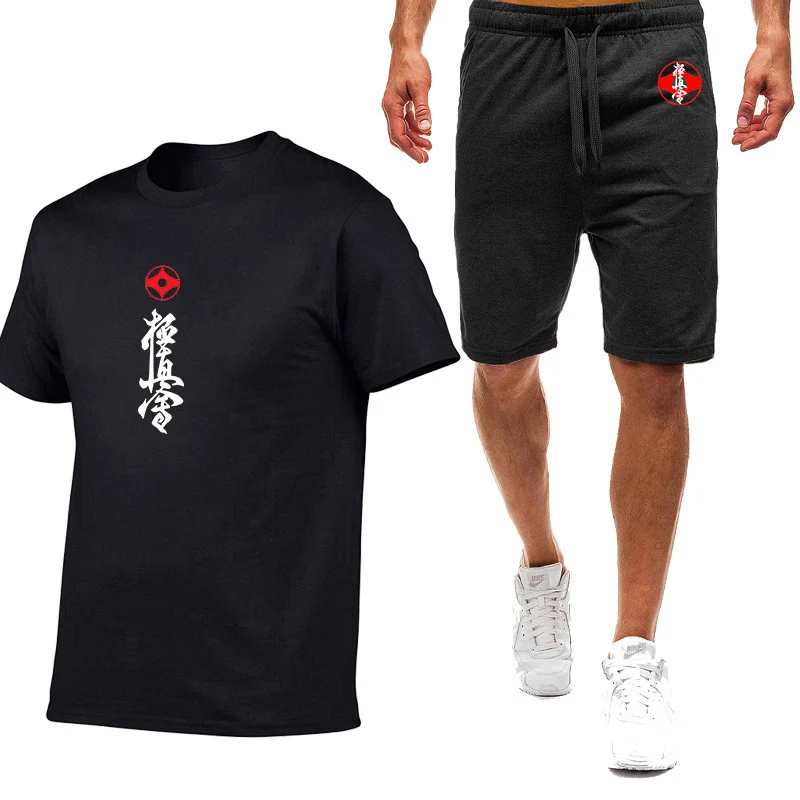 2025 Summer Men's Kyokushin Karate Logo Print Fashion Round Neck Breathable T-Shirt+Elastic Waist Sports Shorts Solid Color Sets