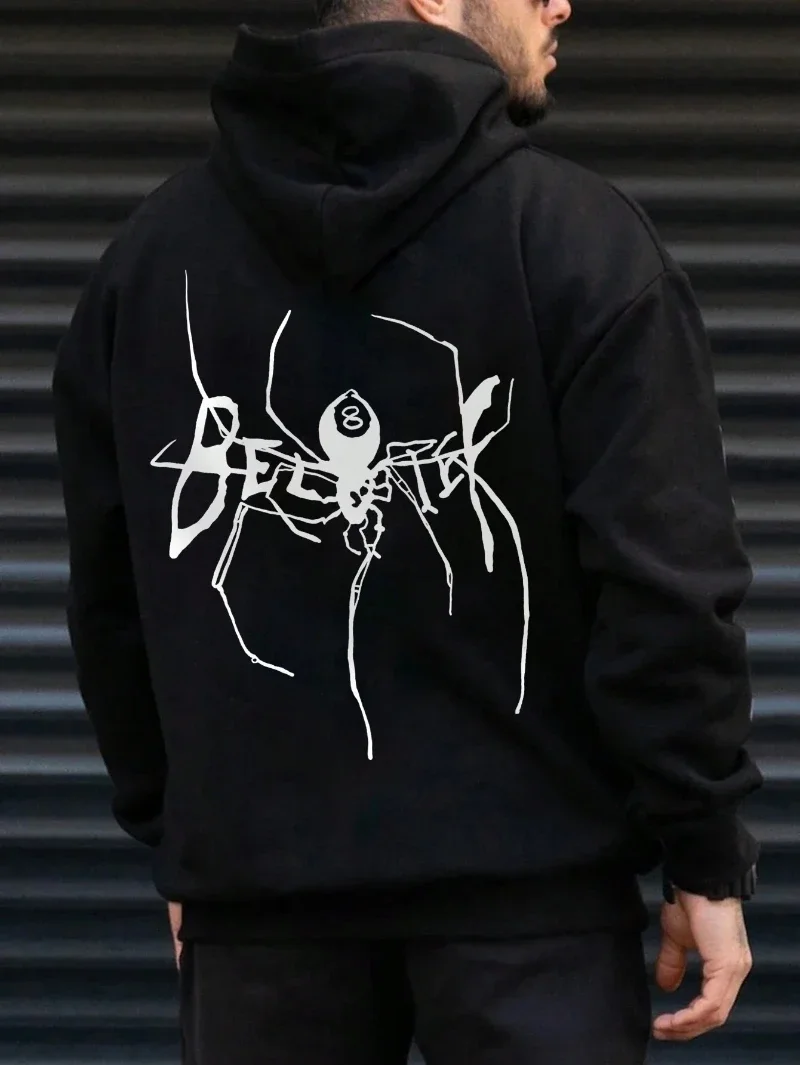 

Men's Spider & Letter Graphic Cotton Fleece Hoodie Hip Hop Men Sweatshirt Fashion Autumn Winter Hooded Pullover Streetwear