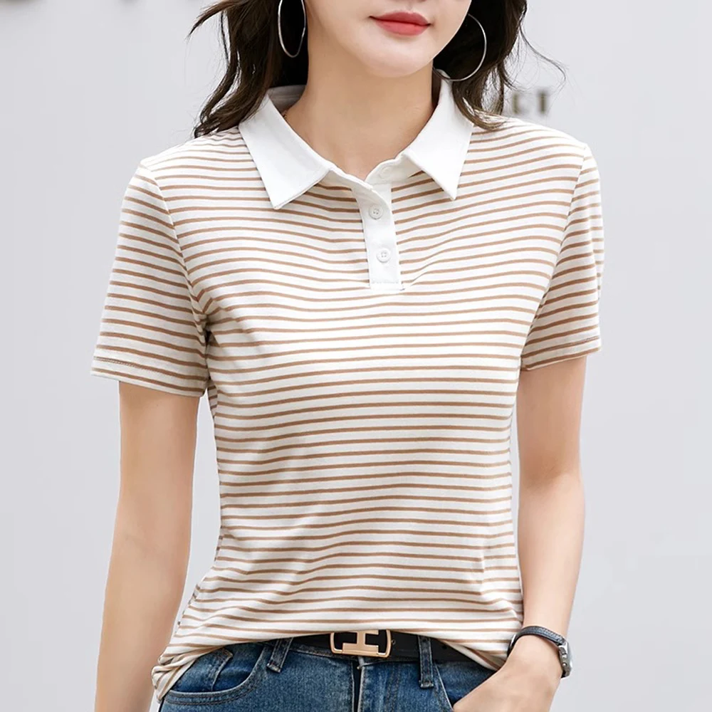 

Korean striped polo collar short sleeved t-shirt for women's summer high-end fashion light luxury loose oversized casual top