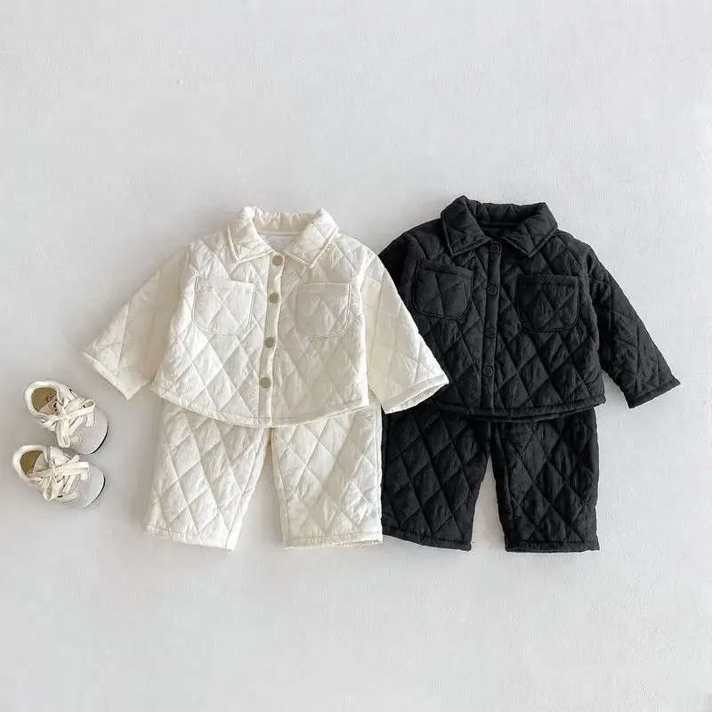 Kids 2Pcs Quilted Outfit Lapel Button Down Jacket & Elastic Waist Wide Leg Pants Boys Girls Warm Winter Set