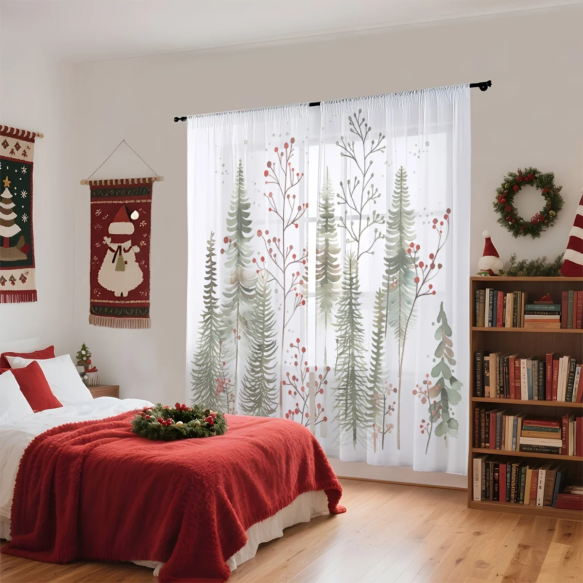 2PCS Christmas Winter Sheer Curtains, Red Xmas Tree, Digital Print, Bedroom Living Room, Rod Pocket Polyester, Home Decor