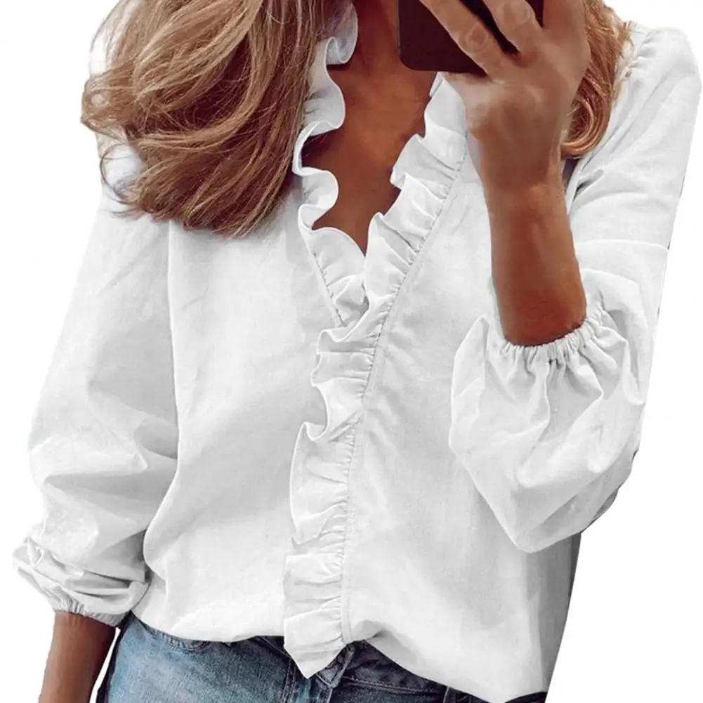 Women Spring Summer Shirt Tops V-Neck Lantern Long Sleeve Casual Shirt Ruffle Trim Solid Color Pullover Tops Streetwear