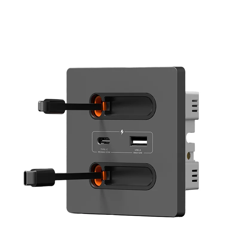 20W Universal Type-C USB Socket Retractable Charging Cable for PC Glass Panel Wall Fast Charging