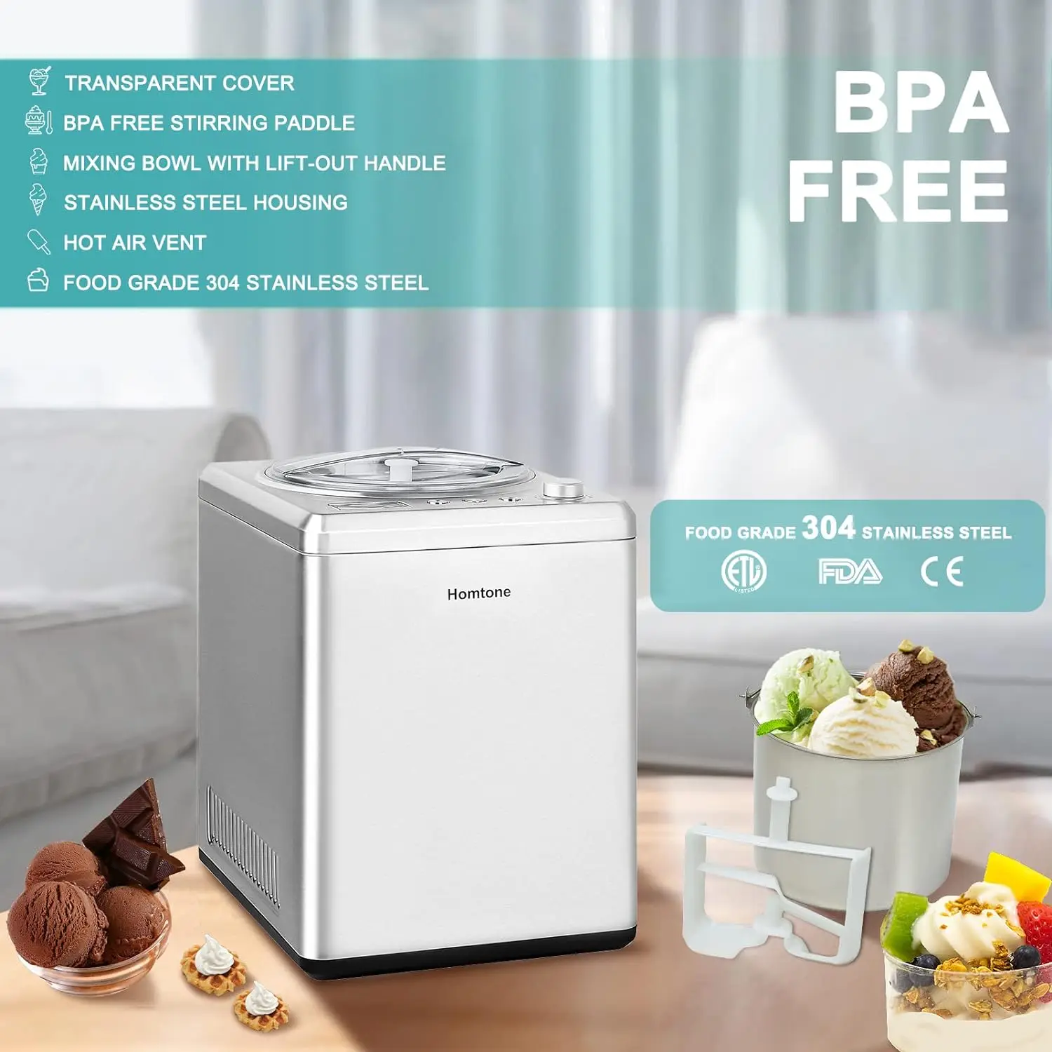 Homtone-Ice Cream Maker para Fazer Sorvete Macio Caseiro, Gelato,Sorbet, Mantenha Refrigerando por 2H, 2.64 Quart