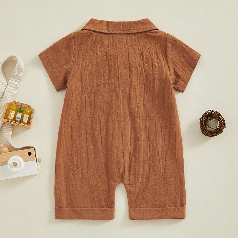 Tregren 0-18M Infant Boys Cotton Linen Jumpsuit Solid Color Lapel Short Sleeve Front Button Romper Summer Newborn Baby Clothes