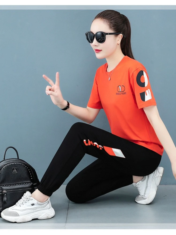 Track Suit Ladies Cotton Sports Suit Women Summer 2022 New Korean Style Large Size Loose Running Clothes Leisure Two Piece Suit