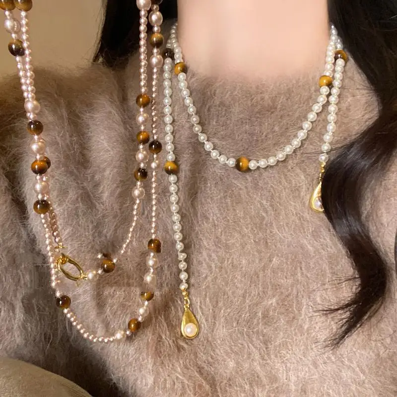 Vintage Maillard Natural Tiger Eye Stone Choker Necklace For Women Stackable Neck Beaded Chains Jewelry Gift