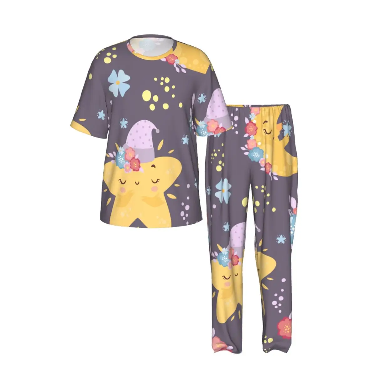 Men Pajamas Set Cute Moon Stars Short Sleeve Spring Summer Lounge Sleepwear Male Nightwear view 2