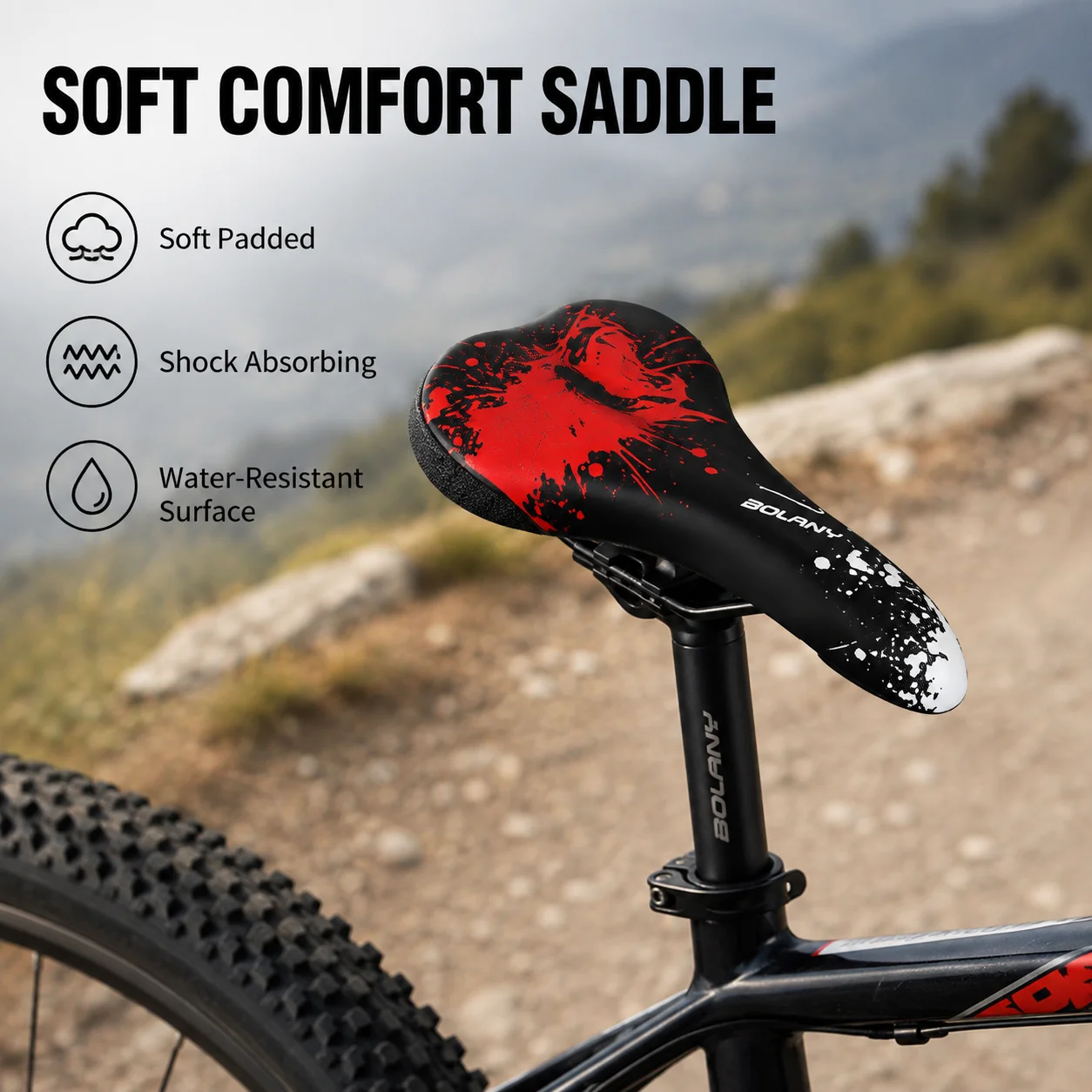 BOLANY Bicycle Saddle Soft Padded PVC Leather Shock Absorbing Waterproof Bike Seat with PP Base for MTB Road Cycling