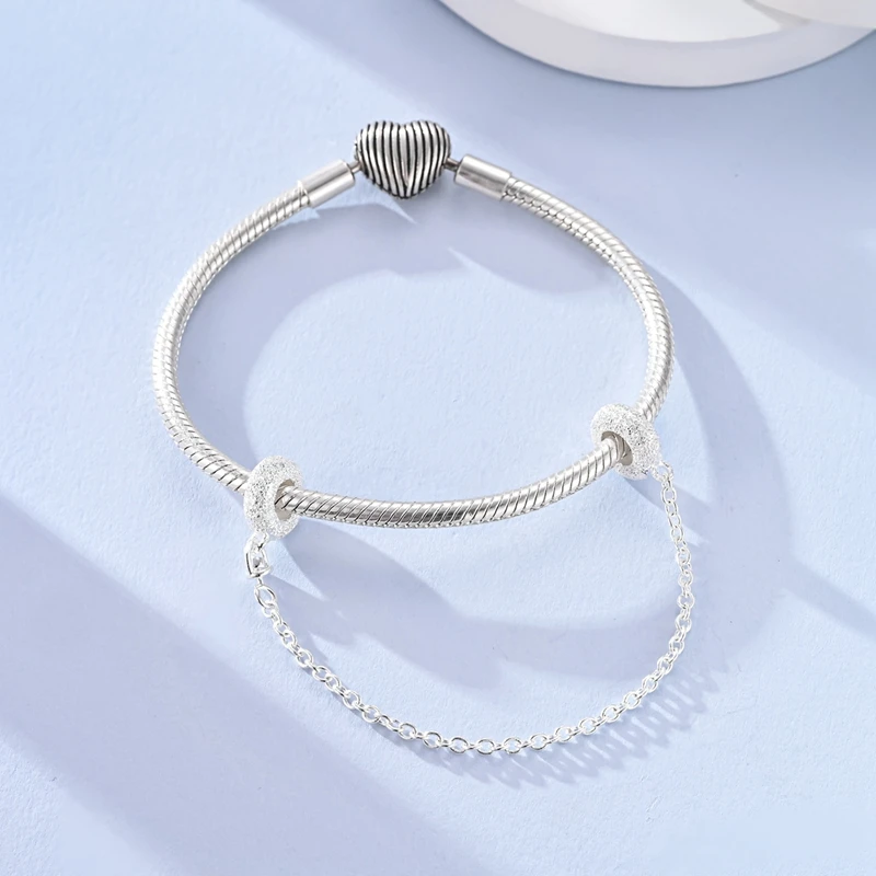 Classic Safety Chain Inlaid 925 Sterling Silver Zirconium Riveted Sand-Filled Charms Bead Fit Original Bracelet DIY Jewelry