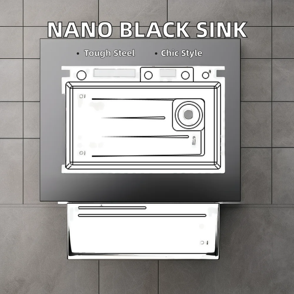 Modern Handmade 304 Stainless Steel Single Bowl Kitchen Sink With Nano Black Waterfall Faucet For Home Use