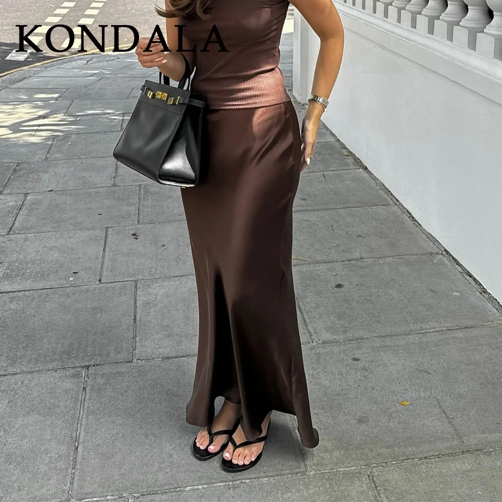 KONDALA 2026 Spring Summer Brown Satin Women Skirts Chic Elegant Prom Ladies Skirts Valentine‘s Day Beach Party Girls Skirts