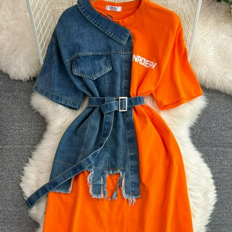 

Стильная двухцветная джинсовая рубашка с круглым вырезом и поясом в гонконгском стиле в стиле ретро, весенний новый стиль, шикарная повседневная рубашка средней длины