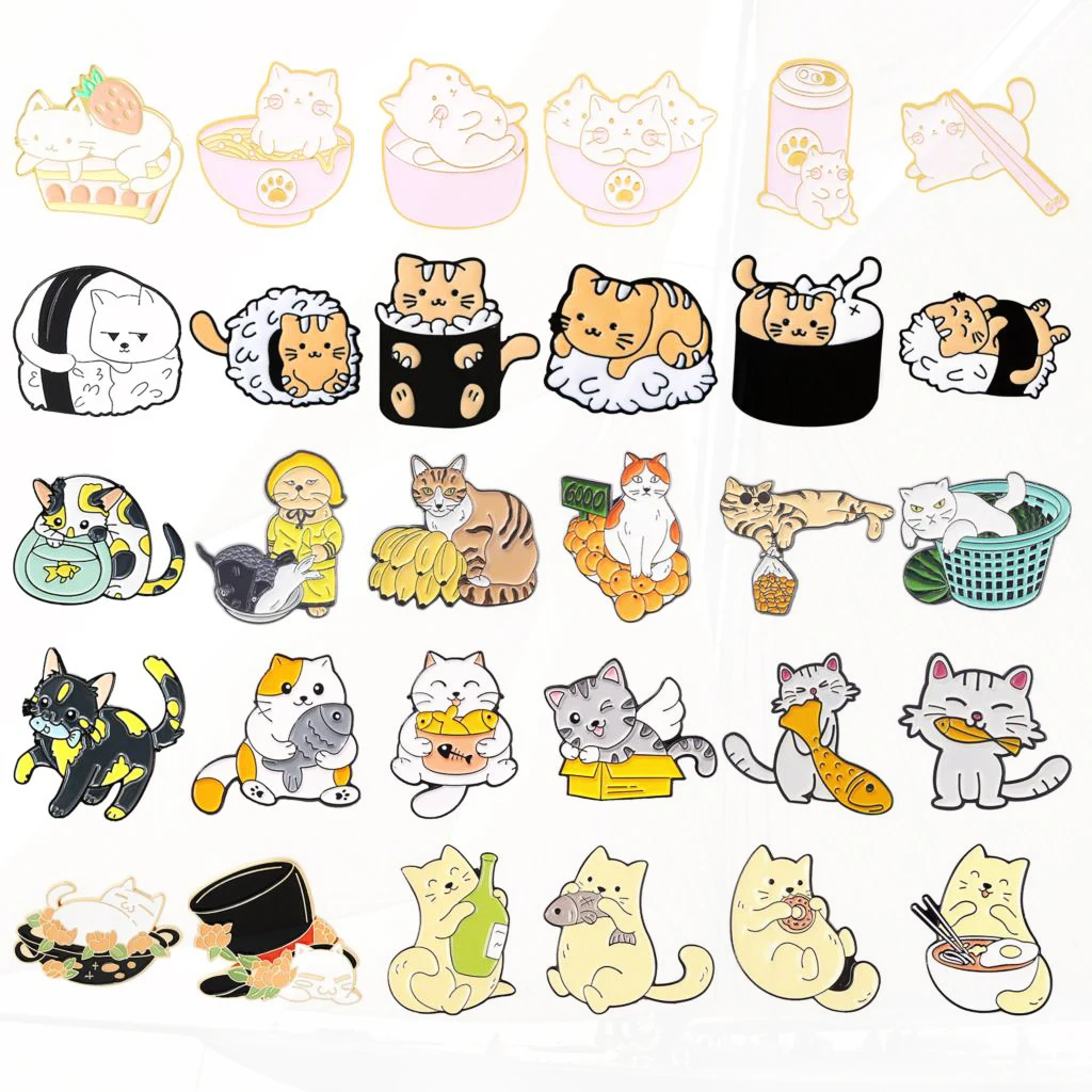 Cat Animal Enamel Alloy Clothing Accessories Backpack Pin Badge Lapel Pins Cartoon Cute Cat  Pin Cat Eat Fish Sushi Noodles